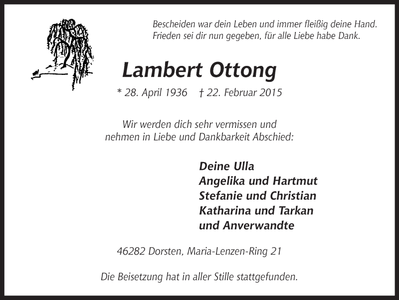  Traueranzeige für Lambert Ottong vom 28.02.2015 aus Ruhr Nachrichten und Dorstener Zeitung