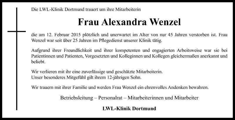  Traueranzeige für Alexandra Wenzel vom 24.02.2015 aus Ruhr Nachrichten