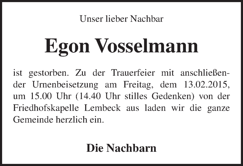 Traueranzeige für Egon Vosselmann vom 10.02.2015 aus Ruhr Nachrichten und Dorstener Zeitung