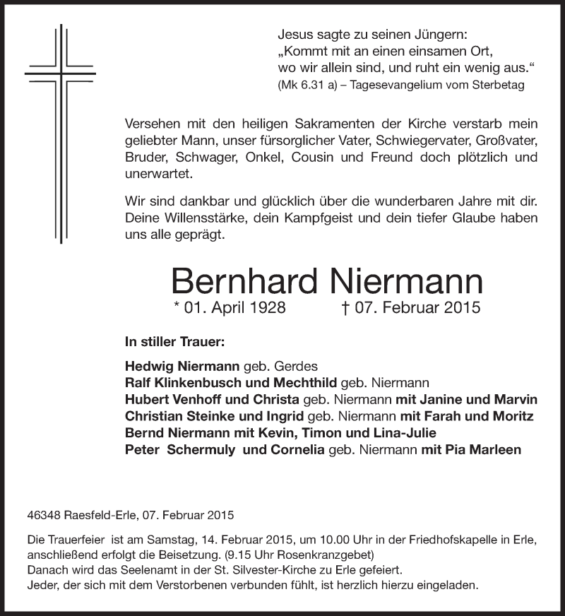 Traueranzeige für Bernhard Niermann vom 11.02.2015 aus Ruhr Nachrichten und Dorstener Zeitung
