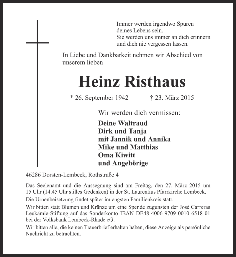  Traueranzeige für Heinz Risthaus vom 25.03.2015 aus Ruhr Nachrichten und Dorstener Zeitung