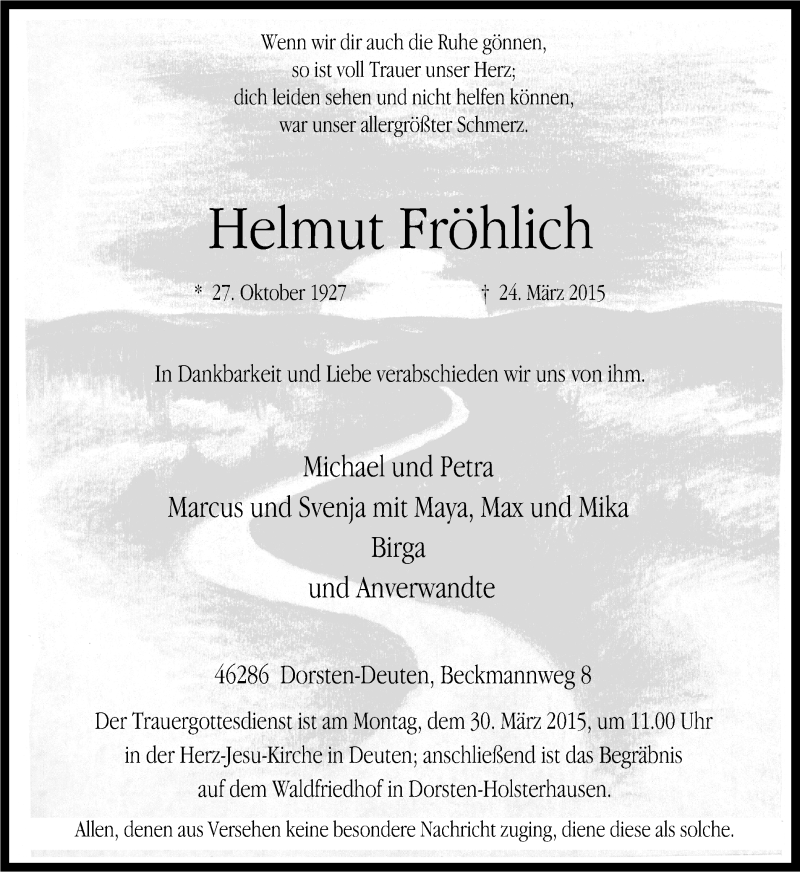  Traueranzeige für Helmut Fröhlich vom 26.03.2015 aus Ruhr Nachrichten und Dorstener Zeitung