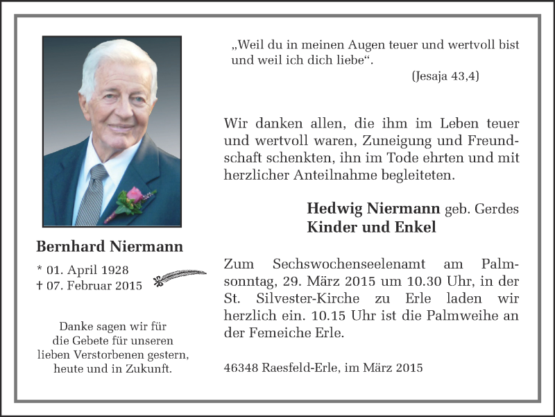  Traueranzeige für Bernhard Niermann vom 25.03.2015 aus Ruhr Nachrichten und Dorstener Zeitung