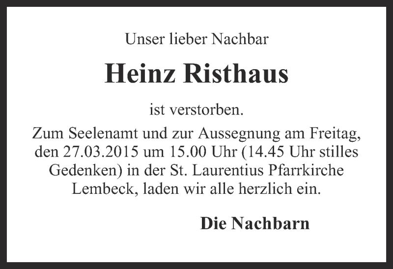  Traueranzeige für Heinz Risthaus vom 25.03.2015 aus Ruhr Nachrichten und Dorstener Zeitung