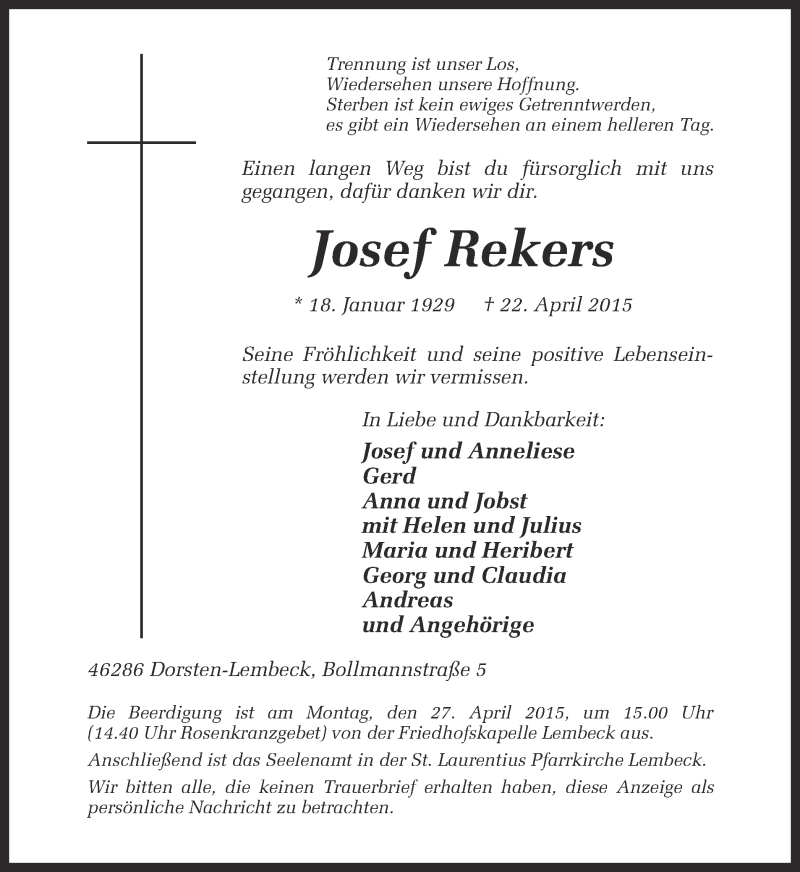  Traueranzeige für Josef Rekers vom 24.04.2015 aus Ruhr Nachrichten und Dorstener Zeitung