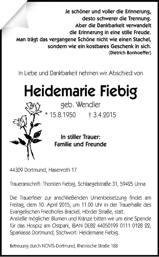  Traueranzeige für Heidemarie Fiebig vom 08.04.2015 aus Ruhr Nachrichten