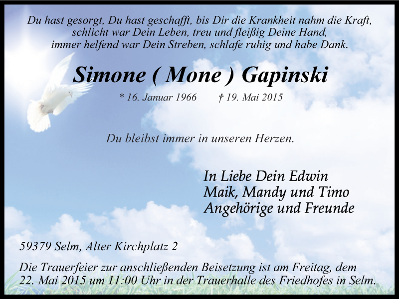  Traueranzeige für Simone Gapinski vom 21.05.2015 aus Ruhr Nachrichten