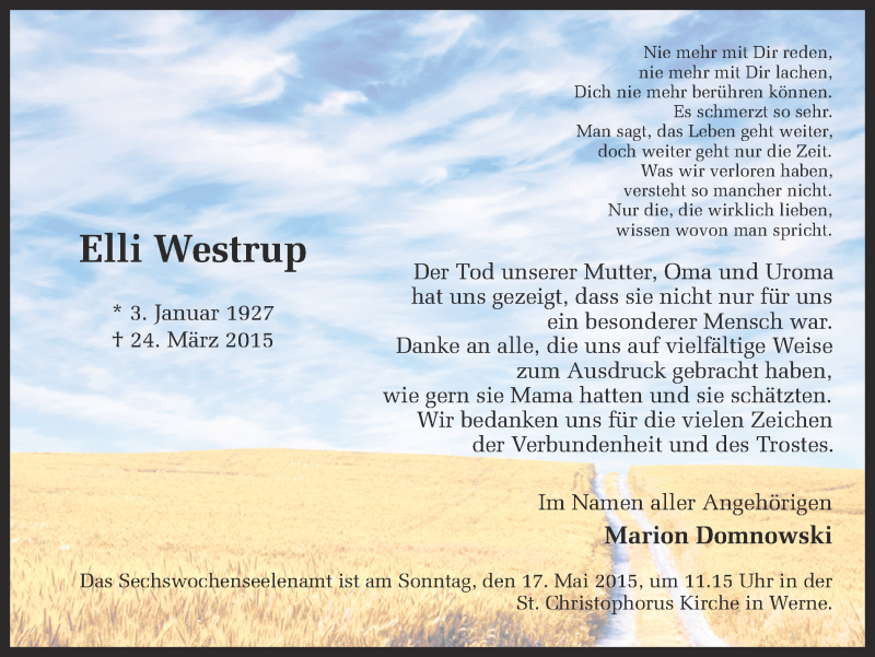  Traueranzeige für Elli Westrup vom 13.05.2015 aus Ruhr Nachrichten