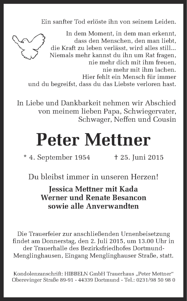  Traueranzeige für Peter Mettner vom 29.06.2015 aus Ruhr Nachrichten