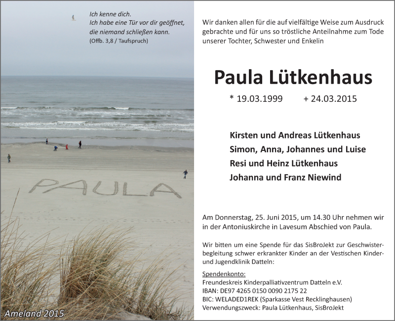  Traueranzeige für Paula Lütkenhaus vom 20.06.2015 aus Ruhr Nachrichten und Halterner Zeitung