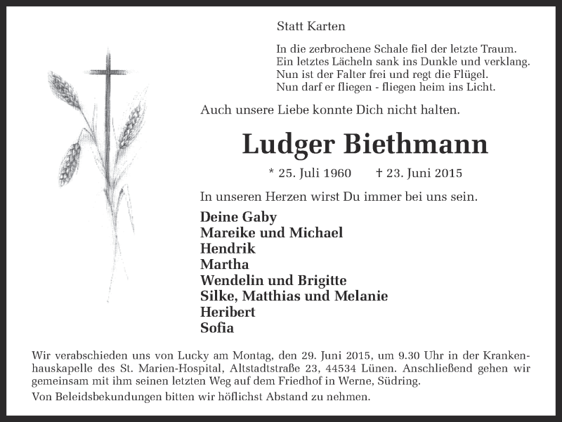  Traueranzeige für Ludger Biethmann vom 26.06.2015 aus Ruhr Nachrichten