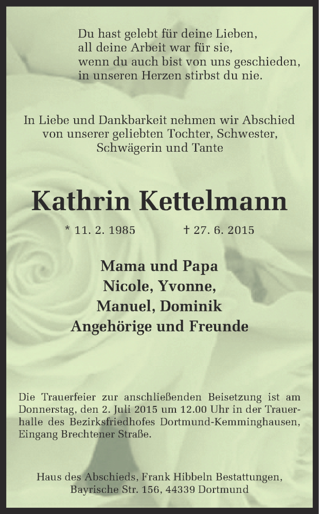  Traueranzeige für Kathrin Kettelmann vom 30.06.2015 aus Ruhr Nachrichten