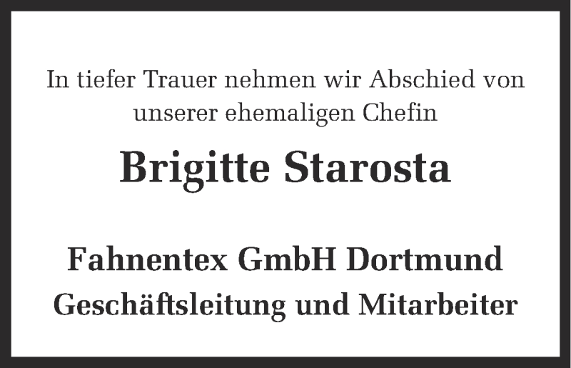  Traueranzeige für Brigitte Starosta vom 01.07.2015 aus Ruhr Nachrichten