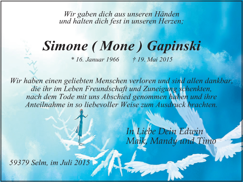 Traueranzeige für Simone Gapinski vom 11.07.2015 aus Ruhr Nachrichten