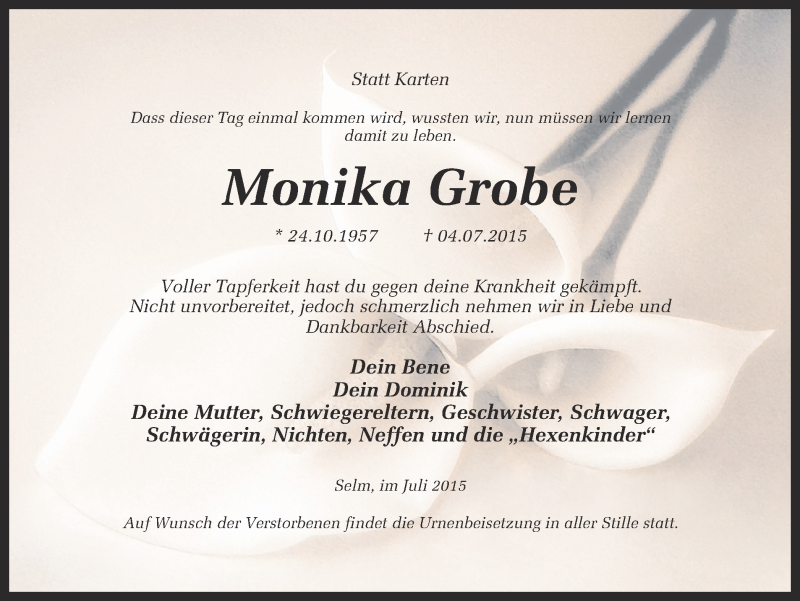  Traueranzeige für Monika Grobe vom 09.07.2015 aus Ruhr Nachrichten