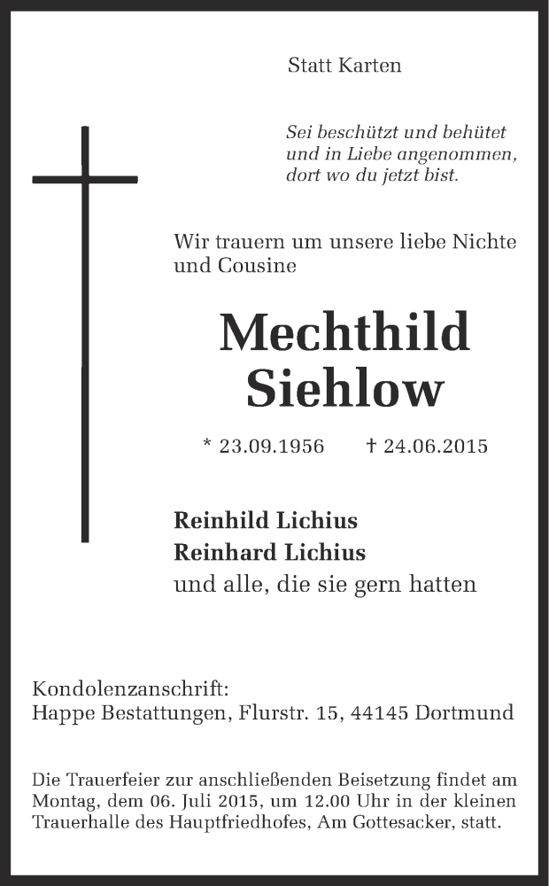  Traueranzeige für Mechthild Siehlow vom 02.07.2015 aus Ruhr Nachrichten