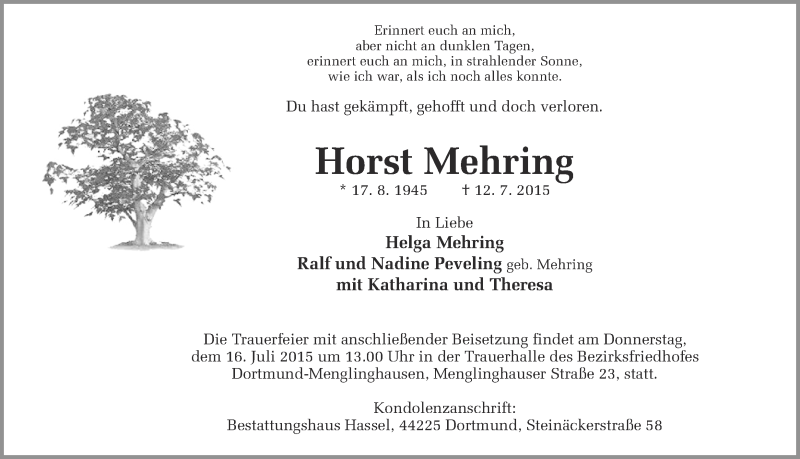  Traueranzeige für Horst Mehring vom 15.07.2015 aus Ruhr Nachrichten