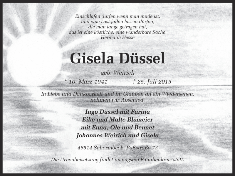  Traueranzeige für Gisela Düssel vom 27.07.2015 aus Ruhr Nachrichten und Dorstener Zeitung