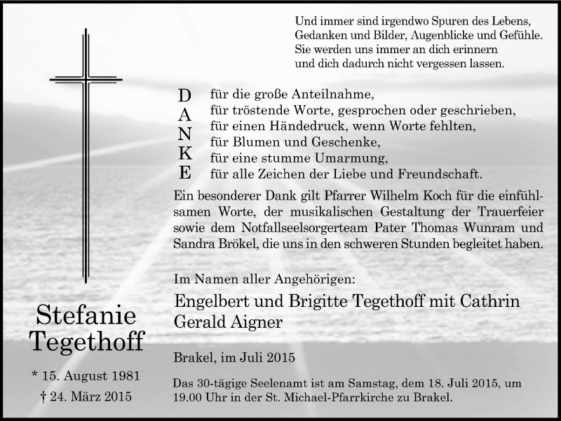  Traueranzeige für Stefanie Tegethoff vom 16.07.2015 aus Ruhr Nachrichten und Halterner Zeitung