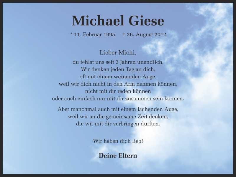  Traueranzeige für Michael Giese vom 26.08.2015 aus Ruhr Nachrichten und Dorstener Zeitung