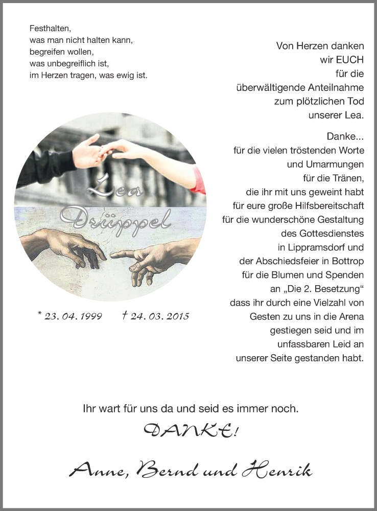  Traueranzeige für Lea Drüppel vom 22.08.2015 aus Ruhr Nachrichten und Halterner Zeitung