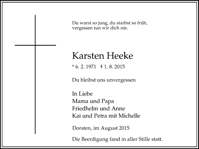  Traueranzeige für Karsten Heeke vom 11.08.2015 aus Ruhr Nachrichten und Dorstener Zeitung