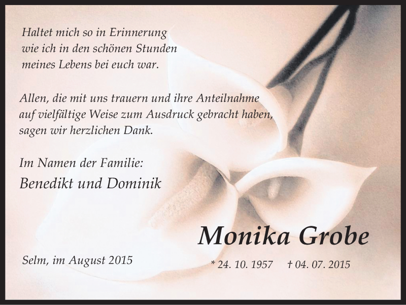 Traueranzeige für Monika Grobe vom 08.08.2015 aus Ruhr Nachrichten