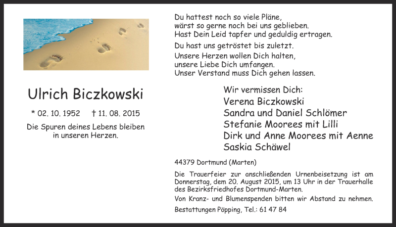  Traueranzeige für Ulrich Biczkowski vom 15.08.2015 aus Ruhr Nachrichten