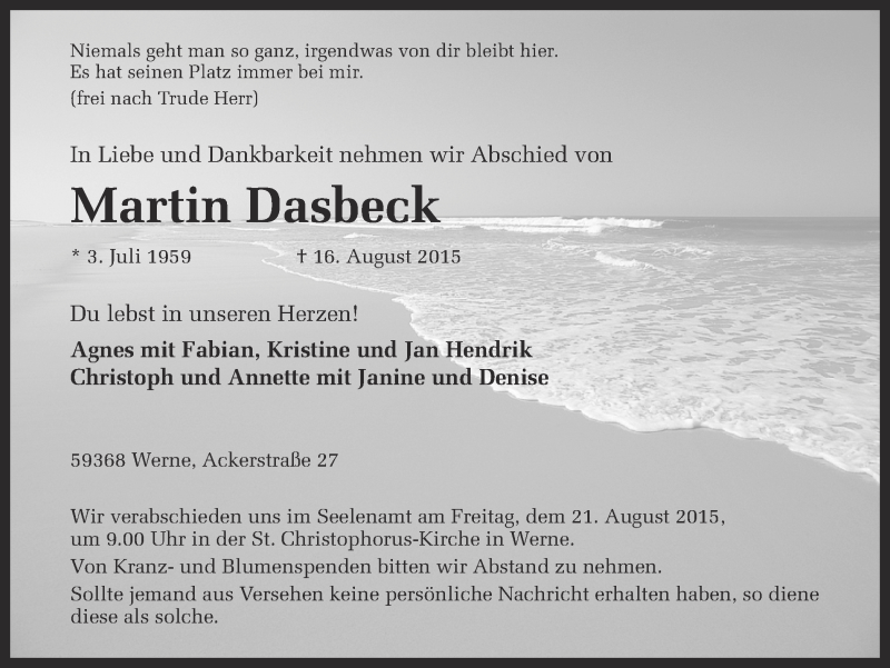  Traueranzeige für Martin Dasbeck vom 19.08.2015 aus Ruhr Nachrichten