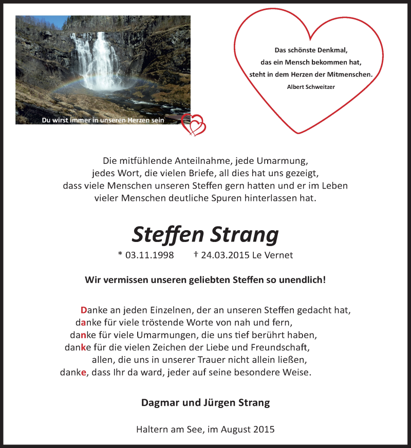  Traueranzeige für Steffen Strang vom 14.08.2015 aus Ruhr Nachrichten und Halterner Zeitung