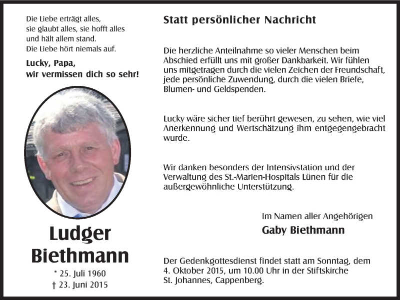  Traueranzeige für Ludger Biethmann vom 26.09.2015 aus Ruhr Nachrichten