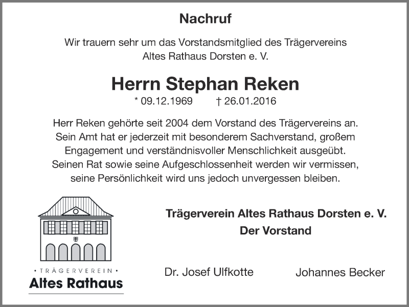  Traueranzeige für Stephan Reken vom 29.01.2016 aus Ruhr Nachrichten und Dorstener Zeitung