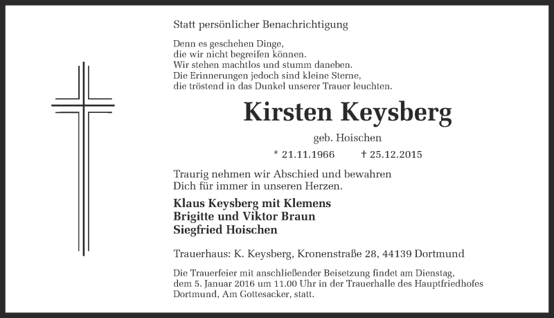  Traueranzeige für Kirsten Keysberg vom 02.01.2016 aus Ruhr Nachrichten
