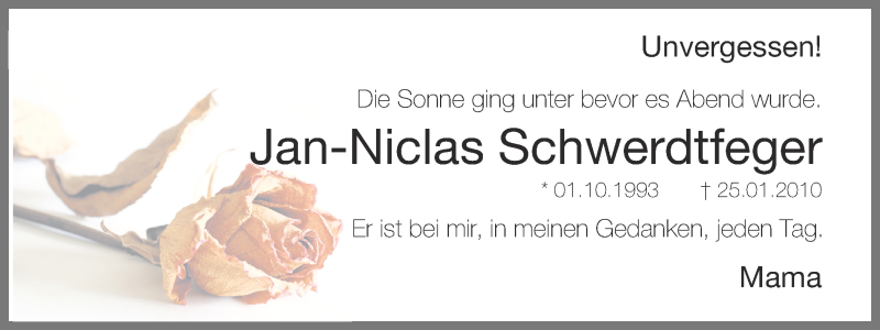  Traueranzeige für Jan-Niclas Schwerdtfeger vom 25.01.2016 aus Ruhr Nachrichten