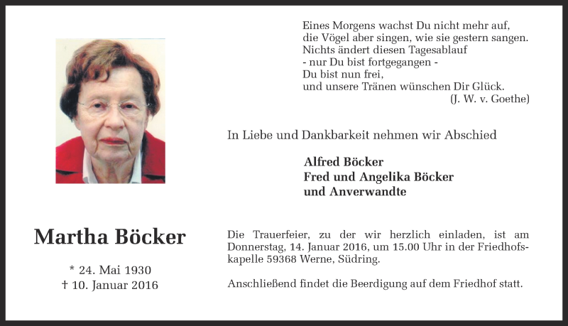  Traueranzeige für Martha Böcker vom 13.01.2016 aus Ruhr Nachrichten