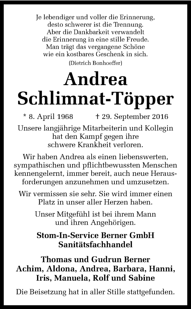  Traueranzeige für Andrea Schlimnat-Töpper vom 15.10.2016 aus Ruhr Nachrichten