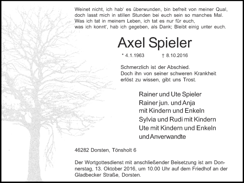  Traueranzeige für Axel Spieler vom 11.10.2016 aus Ruhr Nachrichten und Dorstener Zeitung