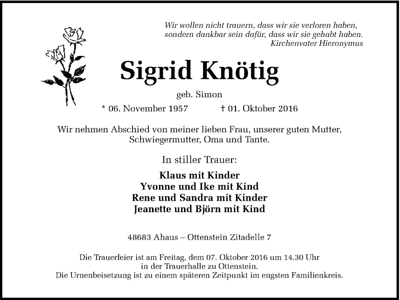  Traueranzeige für Sigrid Knötig vom 05.10.2016 aus Münstersche Zeitung und Münsterland Zeitung