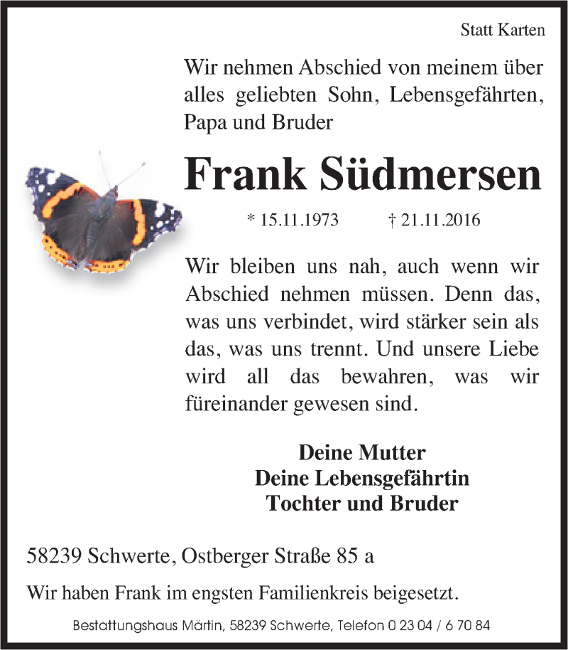  Traueranzeige für Frank Südmersen vom 26.11.2016 aus Ruhr Nachrichten