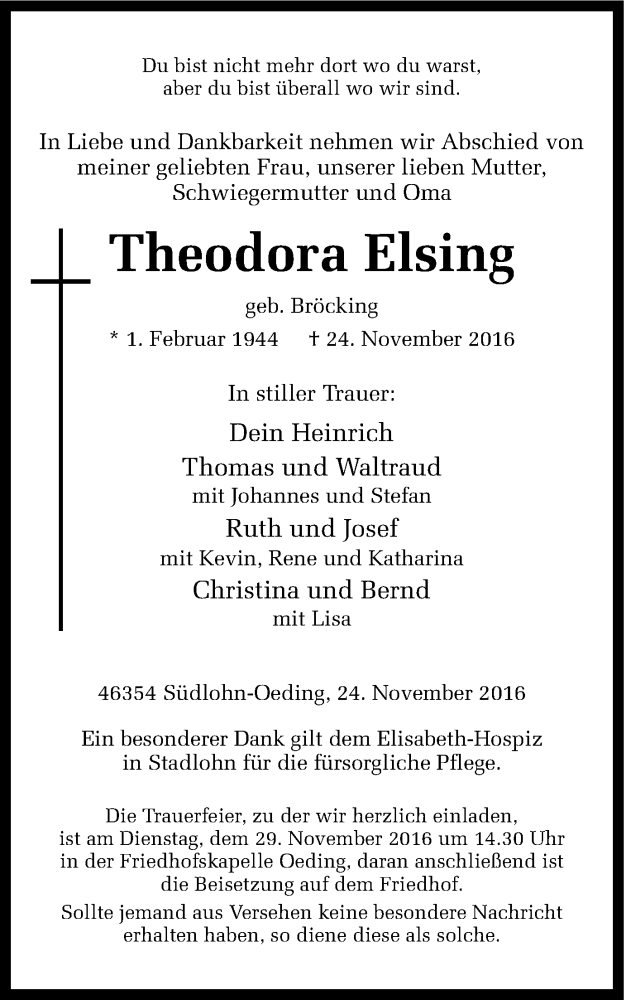  Traueranzeige für Theodora Elsing vom 26.11.2016 aus Münstersche Zeitung und Münsterland Zeitung