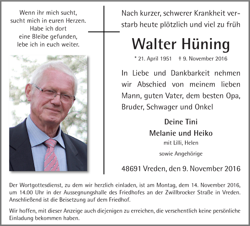  Traueranzeige für Walter Hüning vom 11.11.2016 aus Münstersche Zeitung und Münsterland Zeitung