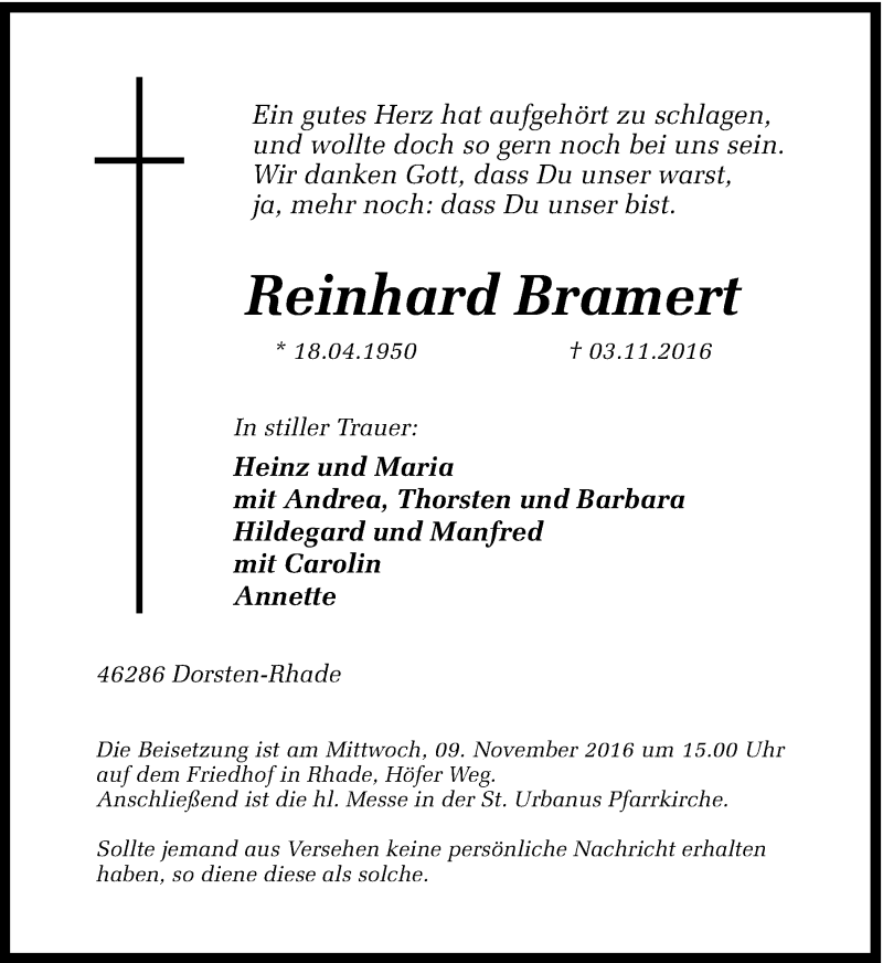  Traueranzeige für Reinhard Bramert vom 05.11.2016 aus Ruhr Nachrichten und Dorstener Zeitung