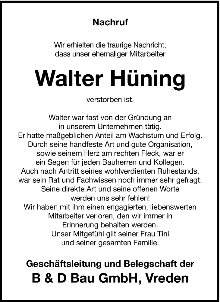  Traueranzeige für Walter Hüning vom 12.11.2016 aus Münstersche Zeitung und Münsterland Zeitung