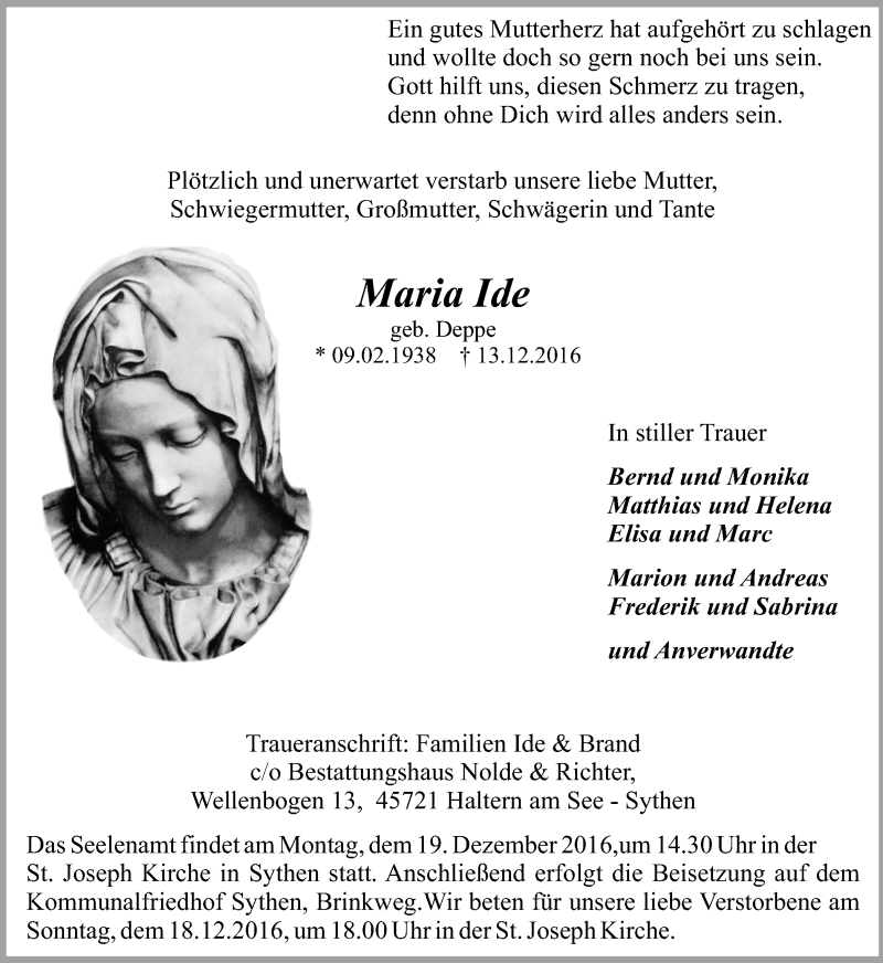  Traueranzeige für Maria Ide vom 16.12.2016 aus Ruhr Nachrichten und Halterner Zeitung