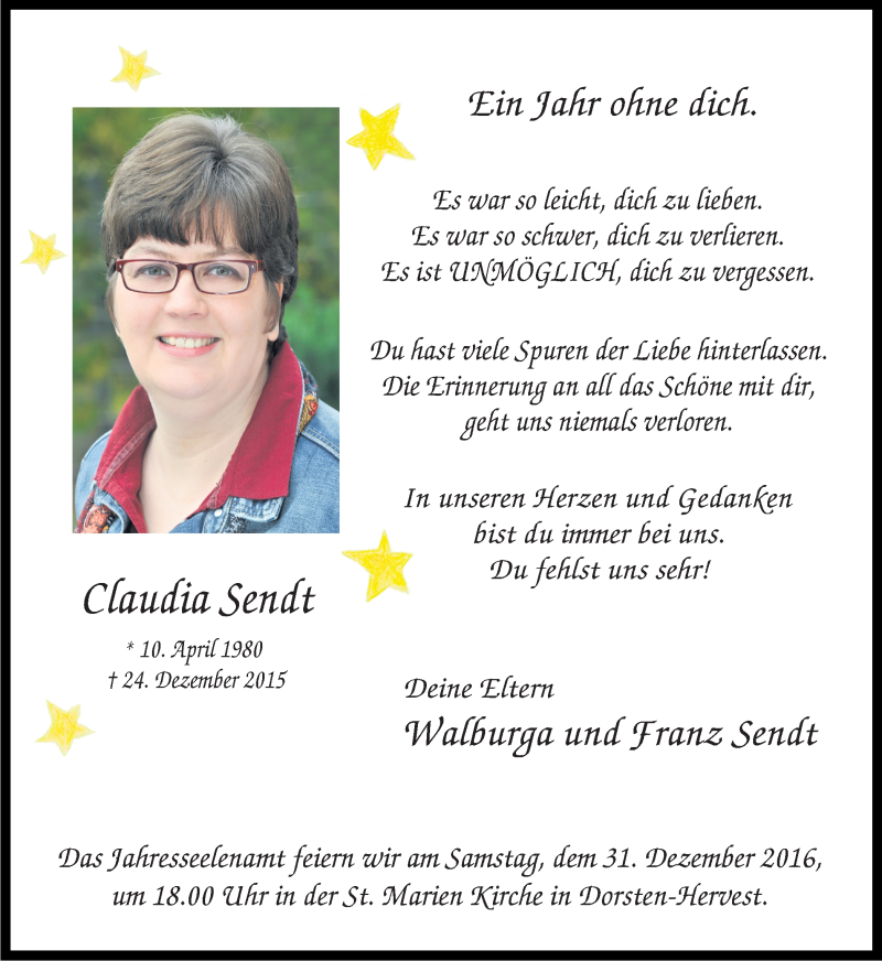  Traueranzeige für Claudia Sendt vom 28.12.2016 aus Ruhr Nachrichten und Dorstener Zeitung