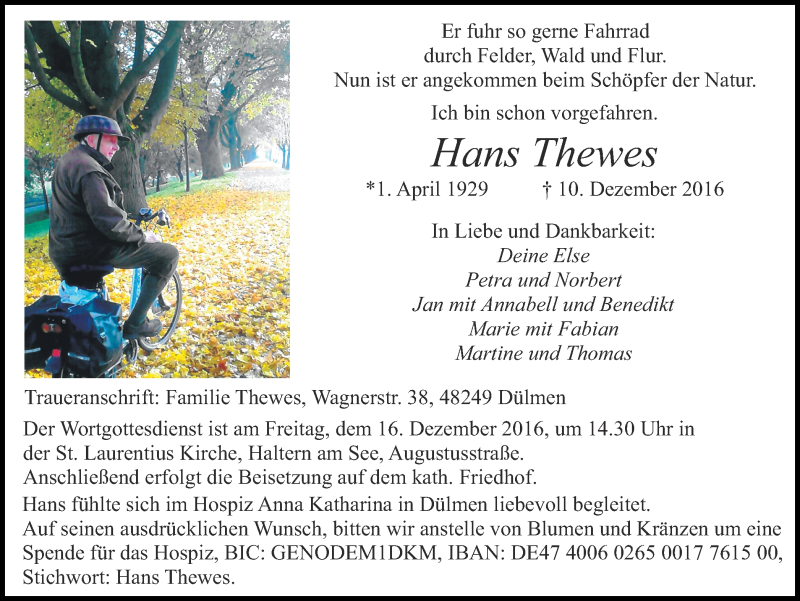  Traueranzeige für Hans Thewes vom 13.12.2016 aus Ruhr Nachrichten und Halterner Zeitung