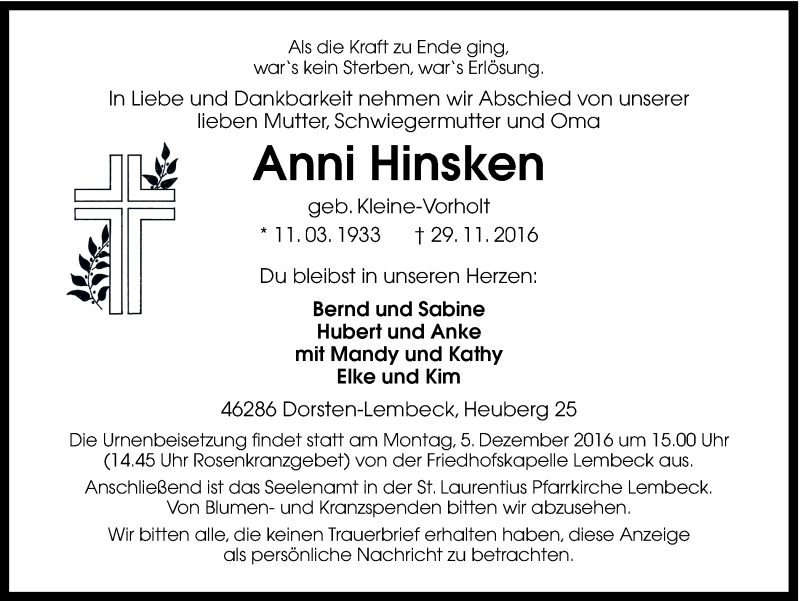  Traueranzeige für Anni Hinsken vom 01.12.2016 aus Ruhr Nachrichten und Dorstener Zeitung
