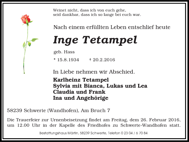  Traueranzeige für Inge Tetampel vom 23.02.2016 aus Ruhr Nachrichten