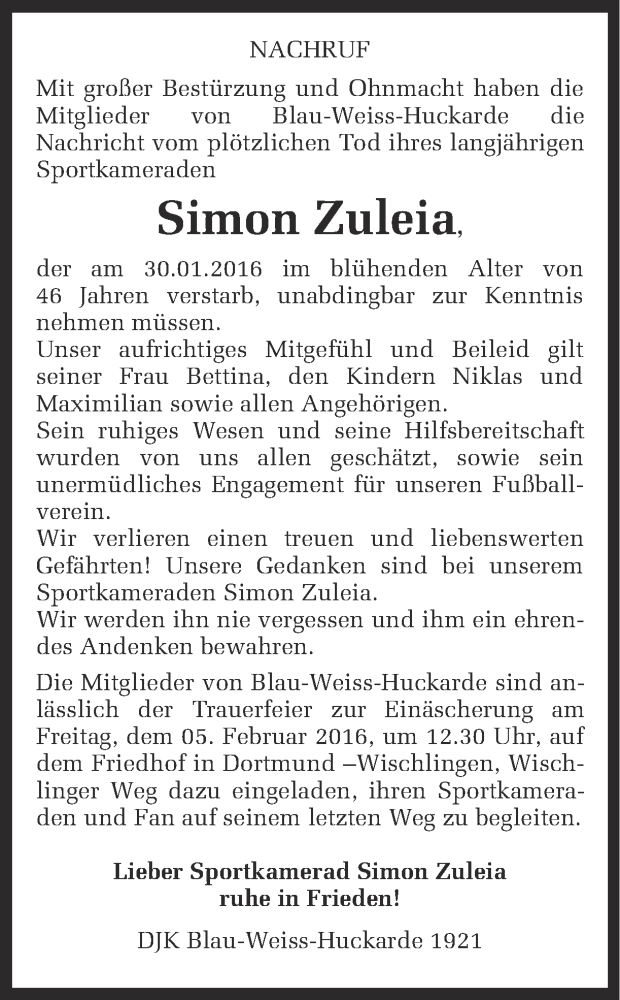  Traueranzeige für Simon Zuleia vom 04.02.2016 aus Ruhr Nachrichten