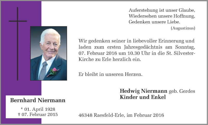  Traueranzeige für Bernhard Niermann vom 03.02.2016 aus Ruhr Nachrichten und Dorstener Zeitung